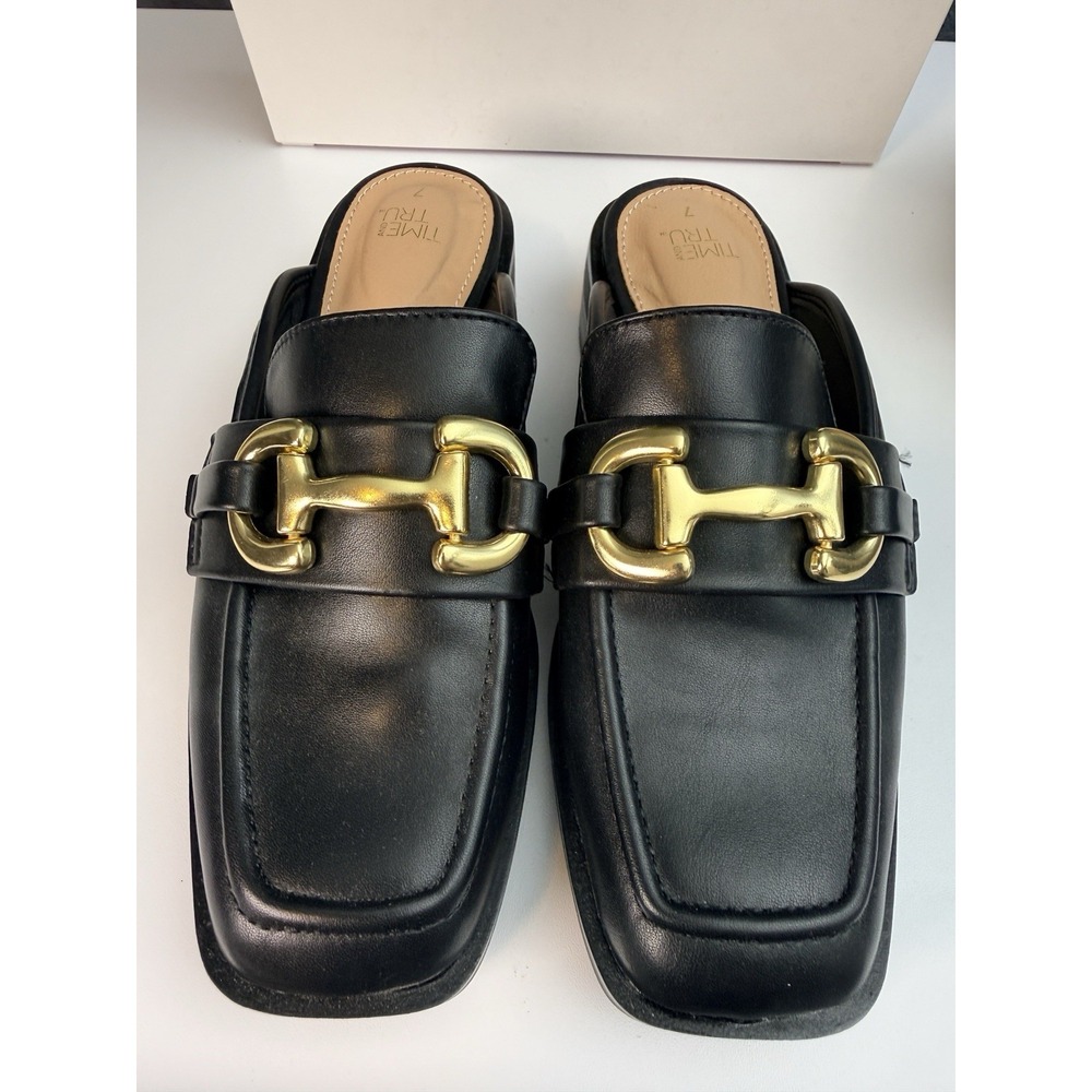 Square Toe Horsebit Mules Black 7 Slip On Loafers Low Heel Memory Foam Time Tru